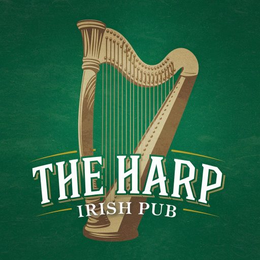 Logo des Irish Pubs 'The Harp' mit einer goldenen Harfe auf grünem Hintergrund.